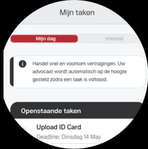 Live overzicht van de status van een juridische zaak in The Law Firm-dashboard met uitgevoerde acties en updates