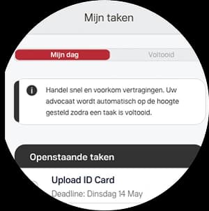 Scherm van The Law Firm met overzicht van openstaande en gesloten taken binnen lopende juridische zaken.
