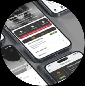 Verschillende schermen van The Law Firm app met functies voor dossiers, afspraken en juridisch advies.