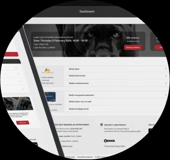 Persoonlijk dashboard van The Law Firm met geïntegreerde AI-assistent voor juridisch advies en dossierbeheer