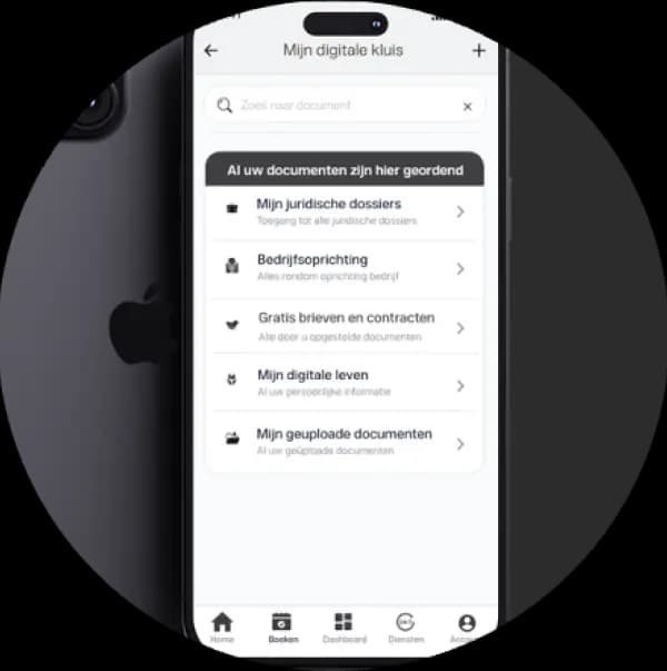 Overzicht van juridische documenten in de digitale kluis van The Law Firm met veilige opslag en toegang.