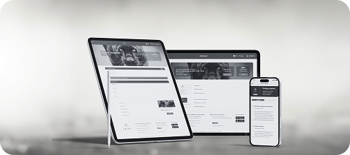 Tablet, laptop en smartphone met The Law Firm-dashboard voor juridisch dossierbeheer en veilige communicatie.