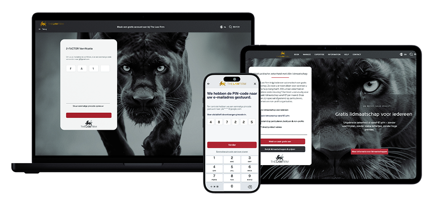 Laptop, tablet en smartphone tonen The Law Firm 2-factorverificatie en beveiligde inlog met PIN-code