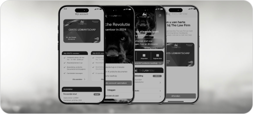 Vier smartphones met The Law Firm-app die juridisch lidmaatschap, dossierbeheer en intake tonen.