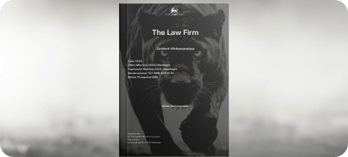Voorblad van juridisch winkansanalyse-document van The Law Firm met panterbeeld en vertrouwelijke zaakgegevens.